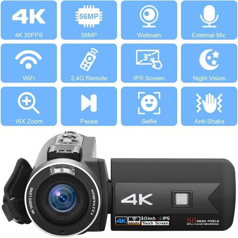 كاميرا فيديو KOMERY، 4K 60FPS 56MP، إصدار ليلي بالأشعة تحت الحمراء، شاشة قلاب 16X تكبير واي فاي، كاميرا تسجيل فيديو يوتيوب مع بطاريتين 2.4 جيجا للتحكم عن بعد in Kuwait