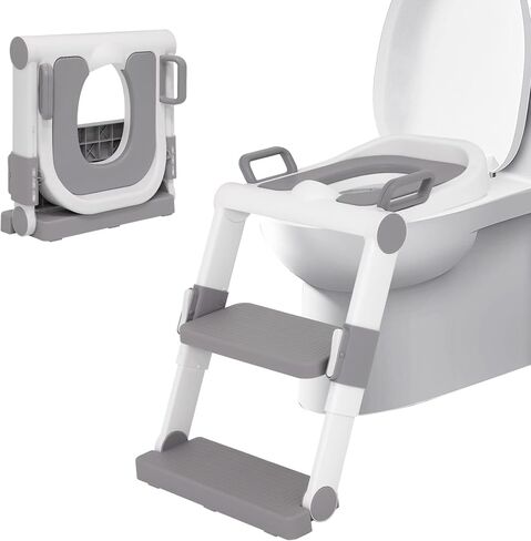 Non-installation Potty Training Toilet Seat with Adjustable Step Stool Ladder for Baby Toddler Kids, Foldable Non-Slip Potty Chair with PU Cushion for Boys Girls in Kuwait