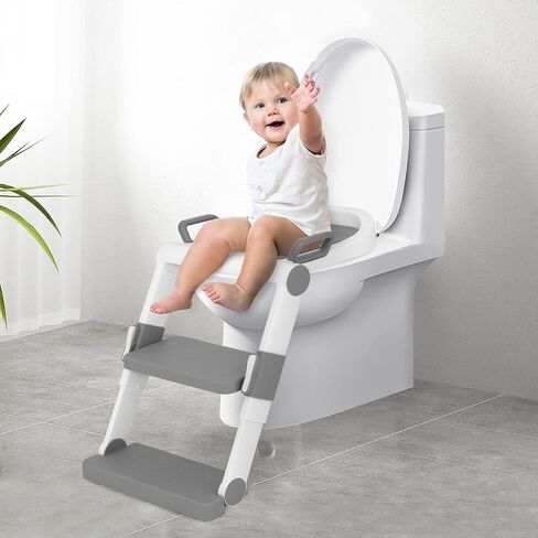 Non-installation Potty Training Toilet Seat with Adjustable Step Stool Ladder for Baby Toddler Kids, Foldable Non-Slip Potty Chair with PU Cushion for Boys Girls in Kuwait