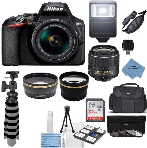 كاميرا Nikon Intl D3500 24.2 ميجابكسل DSLR + طقم عدسات AF-P DX مقاس 18-55 مم VR NIKKOR + حزمة ملحقات + قطعة قماش إلكترونية فائقة (متجددة) in Saudi Arabia