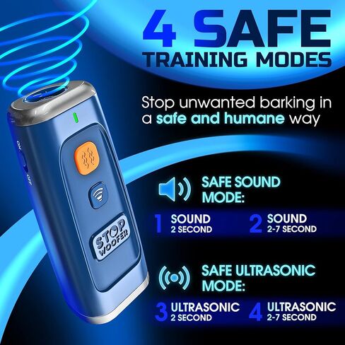 ستوب ووفر جهاز التحكم في نباح الكلاب - جهاز مضاد للنباح للكلاب S/M/L - 4 اوضاع تدريب وردع - صافرة كلب بالموجات فوق الصوتية قابلة لاعادة الشحن لوقف النباح حتى 16.4 قدم، امنة للبشر والكلاب (ازرق) in Kuwait