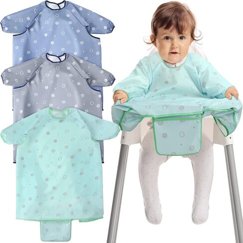 JaGely 3 Pcs Coverall Baby Feeding Bib Long Sleeves Attaches to Highchair Booster Seat Table Smock for Eating Easy Clean Apron Neutral Weaning 6-36 Months Toddler Boys Girls Kids, Blue, Gray, Green in Kuwait