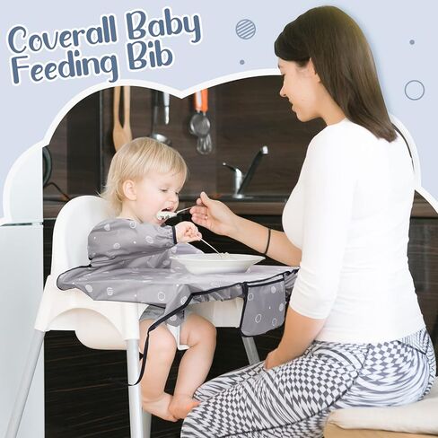 JaGely 3 Pcs Coverall Baby Feeding Bib Long Sleeves Attaches to Highchair Booster Seat Table Smock for Eating Easy Clean Apron Neutral Weaning 6-36 Months Toddler Boys Girls Kids, Blue, Gray, Green in Kuwait