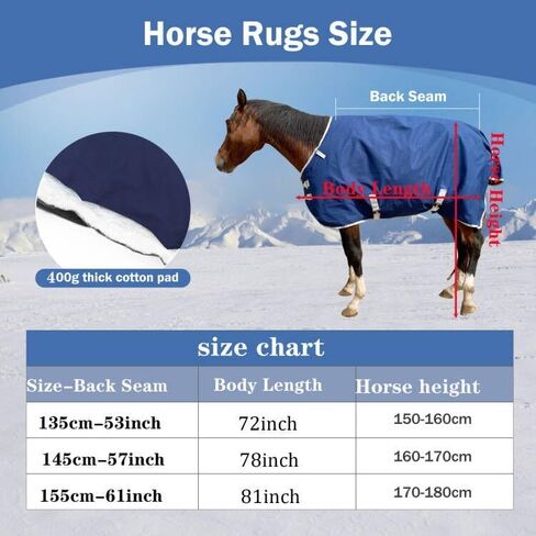 بطانية حصان 1200D شتوية مقاومة للماء، بطانة حشو قطنية دافئة 400 جرام 1200D بطانية حصان ممتازة، بطانية مقاومة للماء 81 بوصة، 155 سم (مناسبة للخيول بطول الظهر 59 بوصة) in Kuwait