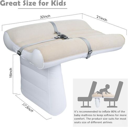 FACULX Toddler Travel Bed, Inflatable Airplane Bed for Toddler Kids with Safety Belt and Pump, Blow Up Toddler Air Mattress for Car, Airplane Economy Seats, Train (Grey) in Kuwait