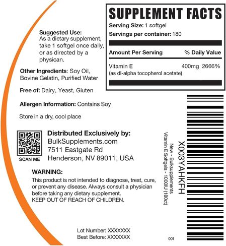 BULKSUPPLEMENTS.COM Vitamin E 1000 IU Softgels - Vitamin E Supplements, Vitamin E Capsules - Antioxidant Support, Vitamin E Softgels - Gluten Free, 1 Softgel per Serving, 180 Softgels in Saudi Arabia