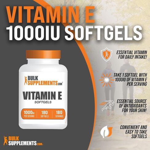 BULKSUPPLEMENTS.COM Vitamin E 1000 IU Softgels - Vitamin E Supplements, Vitamin E Capsules - Antioxidant Support, Vitamin E Softgels - Gluten Free, 1 Softgel per Serving, 180 Softgels in Saudi Arabia