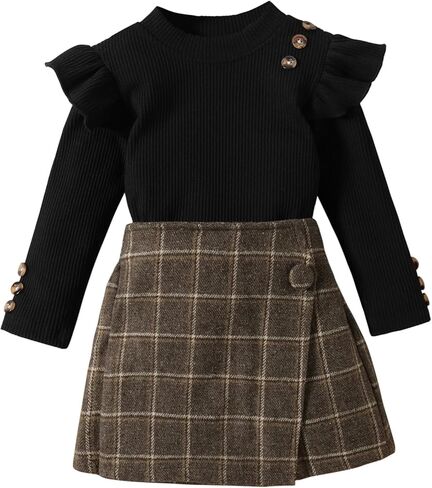 Madjtlqy Toddler Baby Girl Fall Winter Clothes Outfits Knitted Solid Long Sleeve Turtleneck Pullover Tops + Mini Skirts Set in Kuwait