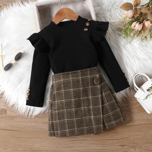 Madjtlqy Toddler Baby Girl Fall Winter Clothes Outfits Knitted Solid Long Sleeve Turtleneck Pullover Tops + Mini Skirts Set in Kuwait