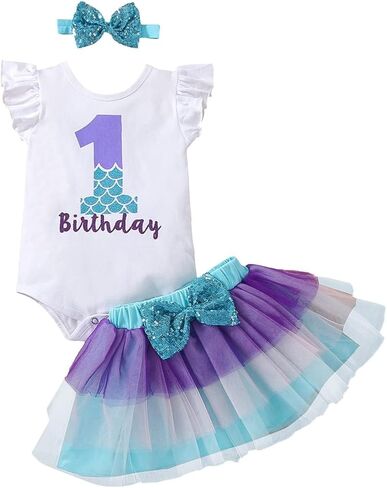 Baby Girls 1st/2nd First Birthday Outfits Cotton Romper TuTu Skirt with Sequins Bowknot Headband 3Pcs in Kuwait