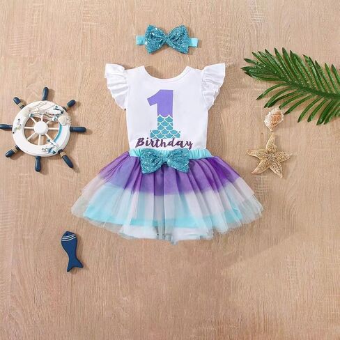 Baby Girls 1st/2nd First Birthday Outfits Cotton Romper TuTu Skirt with Sequins Bowknot Headband 3Pcs in Kuwait