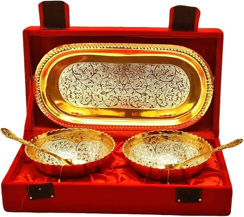 NOBILITY Bowl Spoon Tray Set Gold Silver Plated for Diwali Gift Housewarming Friends Relative Wedding Return Housewarming Gift Items in Saudi Arabia
