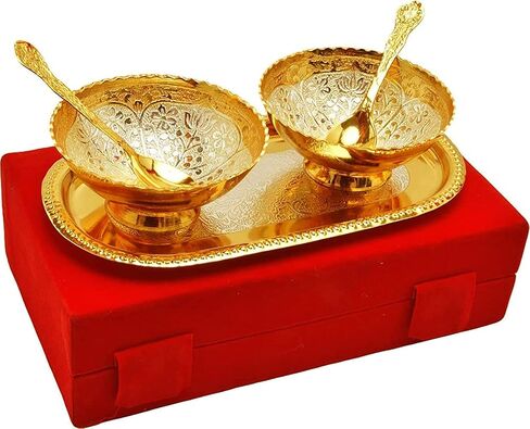 NOBILITY Bowl Spoon Tray Set Gold Silver Plated for Diwali Gift Housewarming Friends Relative Wedding Return Housewarming Gift Items in Saudi Arabia
