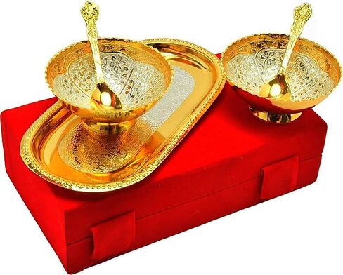 NOBILITY Bowl Spoon Tray Set Gold Silver Plated for Diwali Gift Housewarming Friends Relative Wedding Return Housewarming Gift Items in Saudi Arabia
