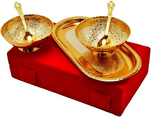 NOBILITY Bowl Spoon Tray Set Gold Silver Plated for Diwali Gift Housewarming Friends Relative Wedding Return Housewarming Gift Items in Saudi Arabia