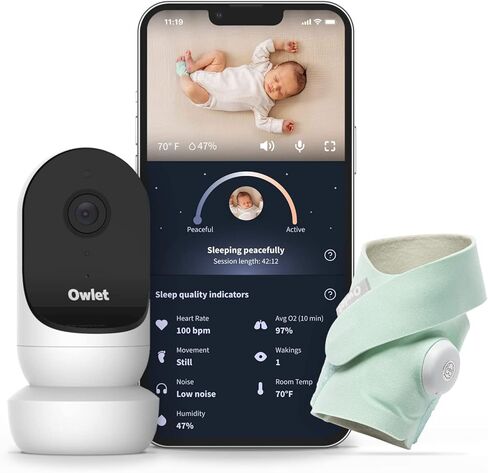 جهاز مراقبة الأطفال الذكي Owlet Dream Duo 2 - جهاز مراقبة الطفل بالفيديو عالي الدقة 1080 بكسل مع جورب الأحلام - جهاز مراقبة قدم الطفل ومستشعر يتتبع مستويات ضربات القلب والأكسجين عند الرضع وحديثي الولادة in Kuwait