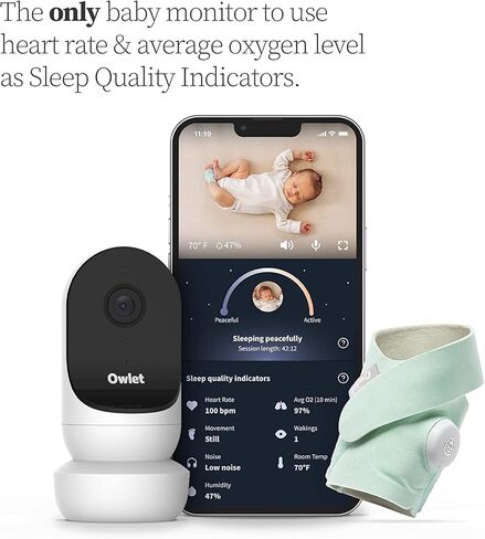 جهاز مراقبة الأطفال الذكي Owlet Dream Duo 2 - جهاز مراقبة الطفل بالفيديو عالي الدقة 1080 بكسل مع جورب الأحلام - جهاز مراقبة قدم الطفل ومستشعر يتتبع مستويات ضربات القلب والأكسجين عند الرضع وحديثي الولادة in Kuwait
