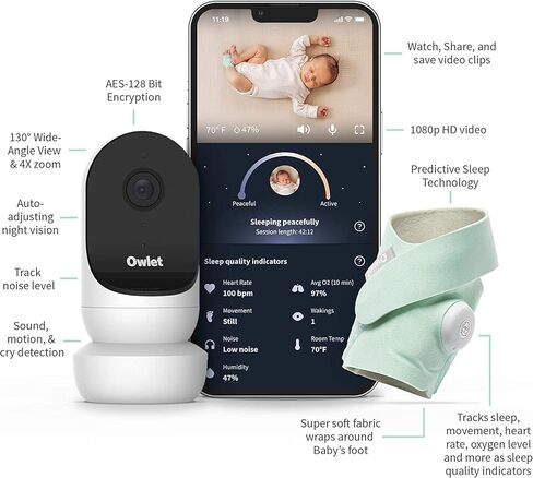 جهاز مراقبة الأطفال الذكي Owlet Dream Duo 2 - جهاز مراقبة الطفل بالفيديو عالي الدقة 1080 بكسل مع جورب الأحلام - جهاز مراقبة قدم الطفل ومستشعر يتتبع مستويات ضربات القلب والأكسجين عند الرضع وحديثي الولادة in Kuwait
