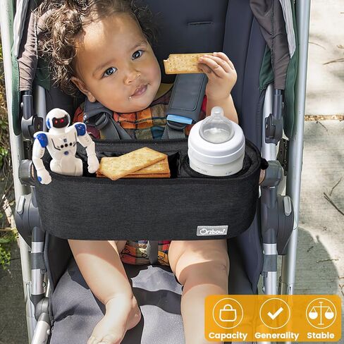 صينية الوجبات الخفيفة لعربة الأطفال من Orzbow مع حامل أكواب معزول وأداة هش، وأشرطة حصرية غير قابلة للانزلاق - قضيب عربة الأطفال ذو قبضة محكمة، وحامل الوجبات الخفيفة وحامل المشروبات لمرفق صينية الوجبات الخفيفة لعربة الأطفال، أسود in Kuwait
