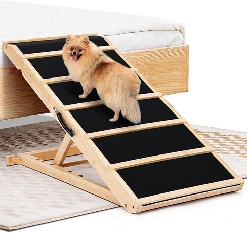 Yoassi Folding Pet Ramp, 39.4" Dog Ramp for Bed, Couch, and Car with Non-Slip Rubber Surface, 18" Wide Wooden Platform, and 4 Adjustable Heights, Suitable for Large Dogs up to 120lbs in Kuwait