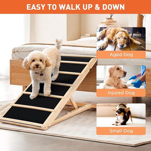 Yoassi Folding Pet Ramp, 39.4" Dog Ramp for Bed, Couch, and Car with Non-Slip Rubber Surface, 18" Wide Wooden Platform, and 4 Adjustable Heights, Suitable for Large Dogs up to 120lbs in Kuwait