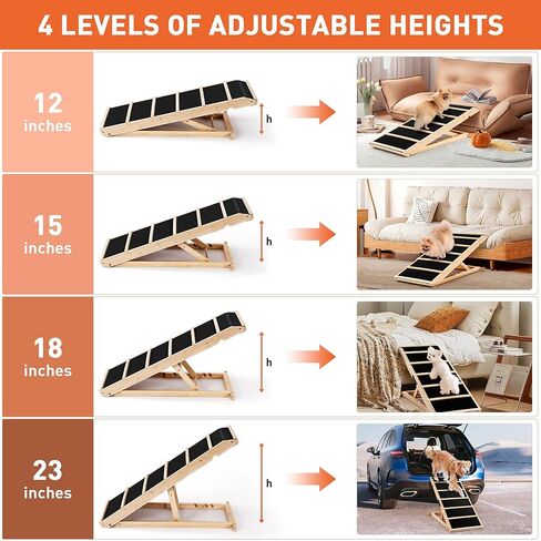 Yoassi Folding Pet Ramp, 39.4" Dog Ramp for Bed, Couch, and Car with Non-Slip Rubber Surface, 18" Wide Wooden Platform, and 4 Adjustable Heights, Suitable for Large Dogs up to 120lbs in Kuwait