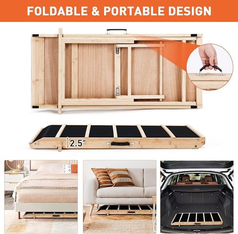 Yoassi Folding Pet Ramp, 39.4" Dog Ramp for Bed, Couch, and Car with Non-Slip Rubber Surface, 18" Wide Wooden Platform, and 4 Adjustable Heights, Suitable for Large Dogs up to 120lbs in Kuwait