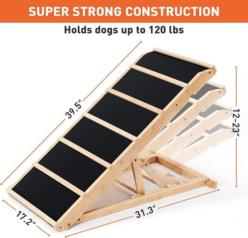 Yoassi Folding Pet Ramp, 39.4" Dog Ramp for Bed, Couch, and Car with Non-Slip Rubber Surface, 18" Wide Wooden Platform, and 4 Adjustable Heights, Suitable for Large Dogs up to 120lbs in Kuwait