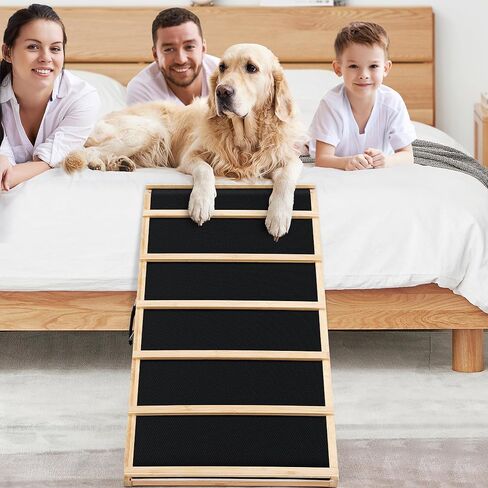 Yoassi Folding Pet Ramp, 39.4" Dog Ramp for Bed, Couch, and Car with Non-Slip Rubber Surface, 18" Wide Wooden Platform, and 4 Adjustable Heights, Suitable for Large Dogs up to 120lbs in Kuwait