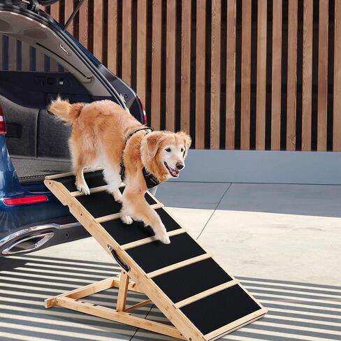 Yoassi Folding Pet Ramp, 39.4" Dog Ramp for Bed, Couch, and Car with Non-Slip Rubber Surface, 18" Wide Wooden Platform, and 4 Adjustable Heights, Suitable for Large Dogs up to 120lbs in Kuwait