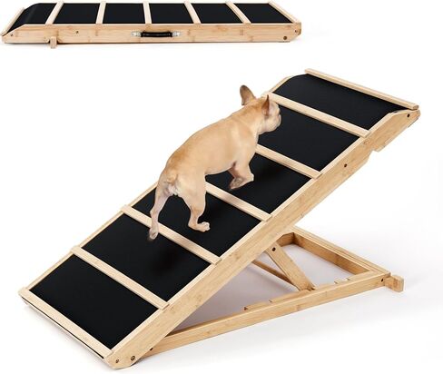 Yoassi Folding Pet Ramp, 39.4" Dog Ramp for Bed, Couch, and Car with Non-Slip Rubber Surface, 18" Wide Wooden Platform, and 4 Adjustable Heights, Suitable for Large Dogs up to 120lbs in Kuwait