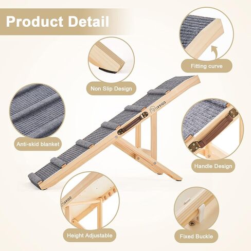 سلالم كلاب خشبية قابلة للتعديل 5 ارتفاعات 250 باوند غير قابلة للانزلاق وقابلة للطي مع مقبض جلدي للاريكة والسرير والسيارة والاماكن الداخلية والخارجية والحيوانات الاليفة الصغيرة والمتوسطة والكبيرة in Kuwait