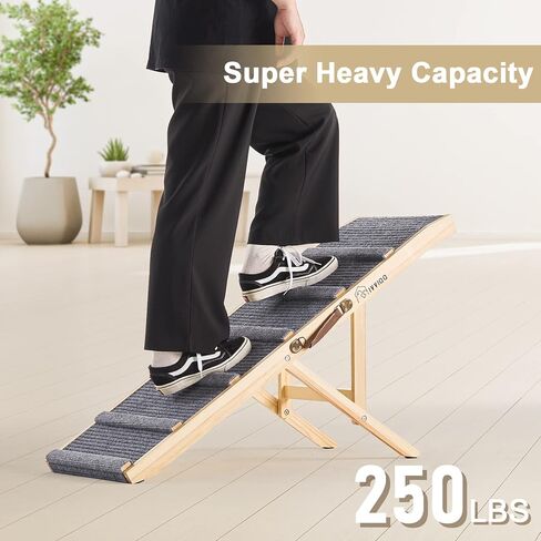 سلالم كلاب خشبية قابلة للتعديل 5 ارتفاعات 250 باوند غير قابلة للانزلاق وقابلة للطي مع مقبض جلدي للاريكة والسرير والسيارة والاماكن الداخلية والخارجية والحيوانات الاليفة الصغيرة والمتوسطة والكبيرة in Kuwait