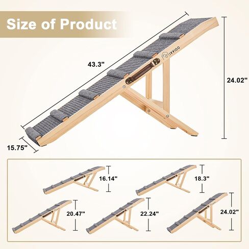سلالم كلاب خشبية قابلة للتعديل 5 ارتفاعات 250 باوند غير قابلة للانزلاق وقابلة للطي مع مقبض جلدي للاريكة والسرير والسيارة والاماكن الداخلية والخارجية والحيوانات الاليفة الصغيرة والمتوسطة والكبيرة in Kuwait