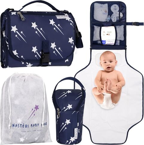 وسادة تغيير حفاضات الأطفال المحمولة الكبيرة جدًا من Nastéri Baby Gear مع وسادة إسفنجية الذاكرة وحقيبة زجاجات معزولة - محطة تغيير حفاضات الأطفال المحمولة المقاومة للماء للفتيات والفتيان - كحلي in Saudi Arabia