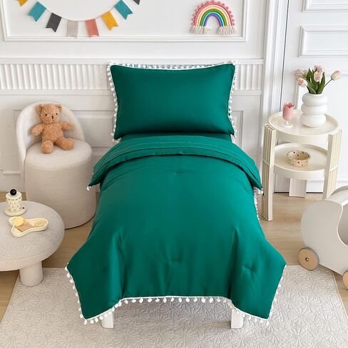 طقم سرير طفل صغير 4 قطع بوهو بول بوم بوم سرير طفل صغير مجموعة سرير في حقيبة أنيقة بوهو بوم هامش المعزي للبنين بنات مع ورقة جاهزة، ورقة أعلى، وغطاء وسادة قياسي الأرجواني in Kuwait