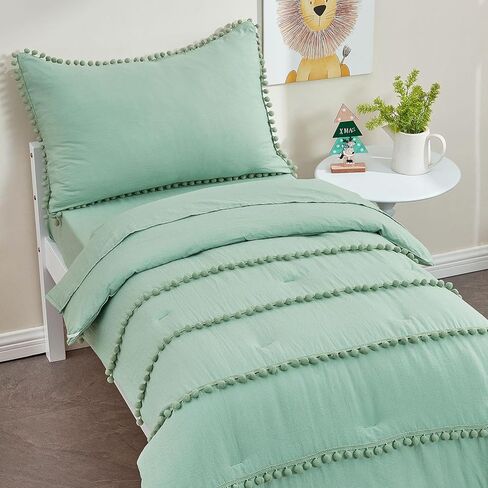 طقم سرير أطفال أخضر حكيم من SUCHDECO طقم لحاف للأطفال الصغار للفتيات طقم سرير أطفال باللون الأخضر مع 6 شراشيب بوم - 4 قطع: لحاف، ملاءة جاهزة، ملاءة مسطحة، كيس وسادة in Kuwait