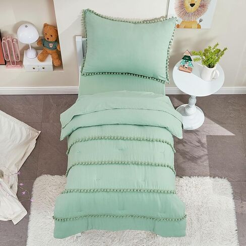 طقم سرير أطفال أخضر حكيم من SUCHDECO طقم لحاف للأطفال الصغار للفتيات طقم سرير أطفال باللون الأخضر مع 6 شراشيب بوم - 4 قطع: لحاف، ملاءة جاهزة، ملاءة مسطحة، كيس وسادة in Kuwait