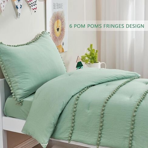 طقم سرير أطفال أخضر حكيم من SUCHDECO طقم لحاف للأطفال الصغار للفتيات طقم سرير أطفال باللون الأخضر مع 6 شراشيب بوم - 4 قطع: لحاف، ملاءة جاهزة، ملاءة مسطحة، كيس وسادة in Kuwait