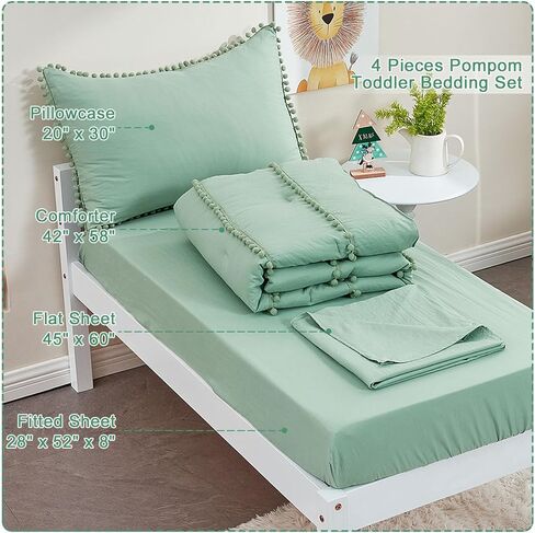 طقم سرير أطفال أخضر حكيم من SUCHDECO طقم لحاف للأطفال الصغار للفتيات طقم سرير أطفال باللون الأخضر مع 6 شراشيب بوم - 4 قطع: لحاف، ملاءة جاهزة، ملاءة مسطحة، كيس وسادة in Kuwait