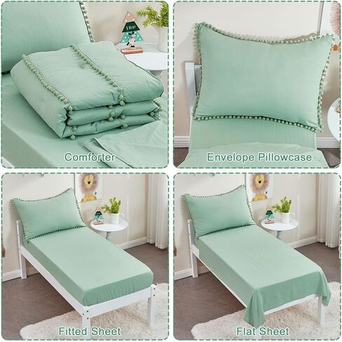 طقم سرير أطفال أخضر حكيم من SUCHDECO طقم لحاف للأطفال الصغار للفتيات طقم سرير أطفال باللون الأخضر مع 6 شراشيب بوم - 4 قطع: لحاف، ملاءة جاهزة، ملاءة مسطحة، كيس وسادة in Kuwait