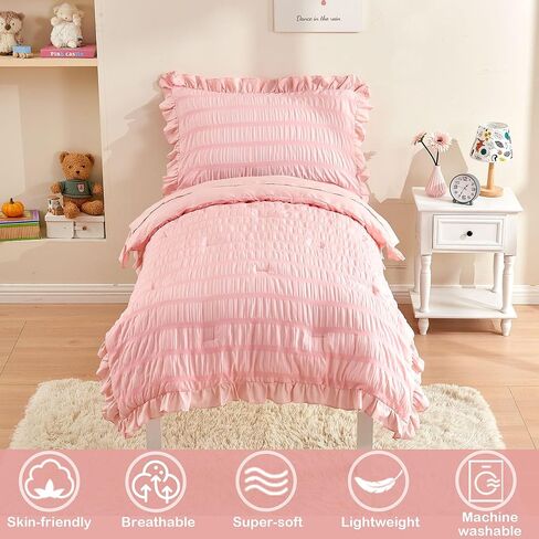 طقم سرير للأطفال الصغار للفتيات مكون من 4 قطع من القطن القطني للأطفال طقم لحاف للأطفال الصغار مكشكش وأهداب سرير في حقيبة لحاف طقم ملاءات سرير للأطفال الصغار مع لحاف، ملاءة مسطحة، ملاءة جاهزة، كيس وسادة in Kuwait