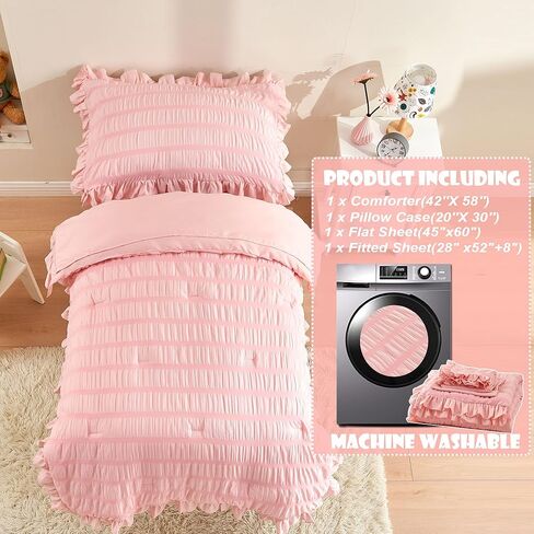 طقم سرير للأطفال الصغار للفتيات مكون من 4 قطع من القطن القطني للأطفال طقم لحاف للأطفال الصغار مكشكش وأهداب سرير في حقيبة لحاف طقم ملاءات سرير للأطفال الصغار مع لحاف، ملاءة مسطحة، ملاءة جاهزة، كيس وسادة in Kuwait