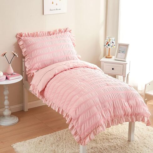 طقم سرير للأطفال الصغار للفتيات مكون من 4 قطع من القطن القطني للأطفال طقم لحاف للأطفال الصغار مكشكش وأهداب سرير في حقيبة لحاف طقم ملاءات سرير للأطفال الصغار مع لحاف، ملاءة مسطحة، ملاءة جاهزة، كيس وسادة in Kuwait