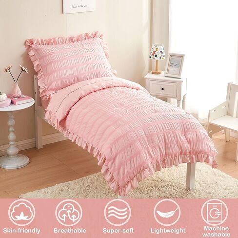 طقم سرير للأطفال الصغار للفتيات مكون من 4 قطع من القطن القطني للأطفال طقم لحاف للأطفال الصغار مكشكش وأهداب سرير في حقيبة لحاف طقم ملاءات سرير للأطفال الصغار مع لحاف، ملاءة مسطحة، ملاءة جاهزة، كيس وسادة in Kuwait