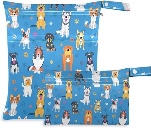 visesunny Colorful Bulldog Animal 2Pcs Wet Bag with Zippered Pockets Washable Reusable Roomy Diaper Bag for Travel,Beach,Daycare,Stroller,Diapers,Dirty Gym Clothes,Wet Swimsuits,Toiletries in Kuwait