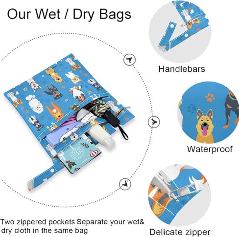 visesunny Colorful Bulldog Animal 2Pcs Wet Bag with Zippered Pockets Washable Reusable Roomy Diaper Bag for Travel,Beach,Daycare,Stroller,Diapers,Dirty Gym Clothes,Wet Swimsuits,Toiletries in Kuwait