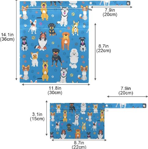 visesunny Colorful Bulldog Animal 2Pcs Wet Bag with Zippered Pockets Washable Reusable Roomy Diaper Bag for Travel,Beach,Daycare,Stroller,Diapers,Dirty Gym Clothes,Wet Swimsuits,Toiletries in Kuwait