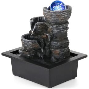 POWLAB Tabletop Water Fountain,Environmental Resin Meditation Fountain,Desktop Fountain,3-Tier Indoor Waterfall Feature with Crystal Ball and Light for Home Office Decor Relaxation 10''X9''X6.9''
