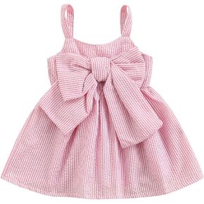 Toddler Baby Girls Sleeveless Dress Front Bowknot Stripe Sling Summer Jumpsuit Princess Casual Romper